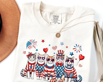 Comfort Colors® 4th of July Cat Shirt, Patriotic Cat Shirt, Independence Day Cat Mom T-Shirt, Fourth of July Cats T-shirts, Cat Lover Gift