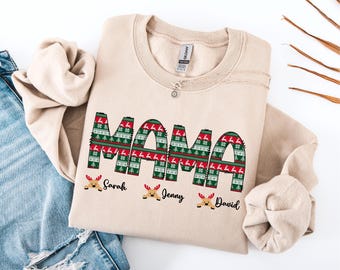 Custom Christmas Mama Sweatshirt, Xmas Mama Sweater with Kids Names, Ugly Holiday Mama Shirt, Christmas Mom Gift
