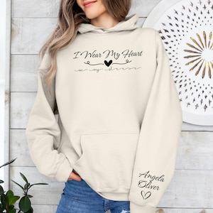 I Wear My Heart On My Sleeve Sweatshirt, Mama Sweatshirt With Kids Name On Sleeve, Mom Shirt, Personalized Mother&#39;s Day Gift, Gift For Mom