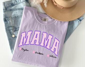 Bedrucktes Mama Shirt: Personalisiertes Retro Mama T-Shirt mit Kindernamen, Geschenk für Mama
