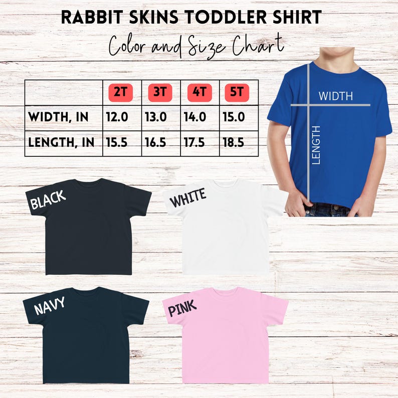 Pode incluir: Tabela de tamanhos para camisas de crian&ccedil;as pequenas nos tamanhos 2T, 3T, 4T e 5T. A tabela mostra as medidas de largura e comprimento em polegadas. As camisas est&atilde;o dispon&iacute;veis em preto, branco, azul marinho e rosa.