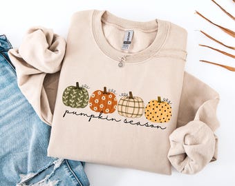 Pumpkin Season Sweatshirt, Fall Pumpkin Pattern Graphic Tee, Autumn Aesthetic Cottagecore Harvest Season Shirt
