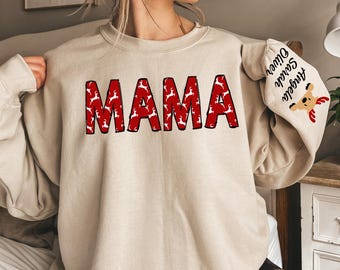 Custom Christmas Mama Sweatshirt, Personalized Xmas Mama Sweater with Children Name on Sleeve, Holiday Mom Tee