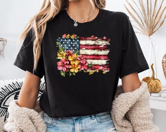 Floral American Flag Shirt, Floral 4th of July Shirt, Independence Day Shirt, Patriotic Floral Shirt, USA Flag Shirt, American Gift Shirt
