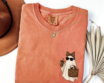 Comfort Colors® Cute Little Ghost Shirt, Leopard Ghost Shirt, Womens Halloween Shirt, Spooky Season Shirt, Fall Ghost Shirt, Halloween Gift