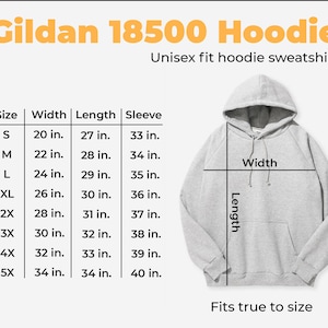 May include: A size chart for a Gildan 18500 hoodie sweatshirt. The chart shows the size, width, length, and sleeve length in inches for sizes S through 5X. The chart also includes a diagram of a hoodie with the width and length labeled.