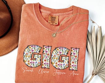 Comfort Colors® Personalized Gigi Shirt with Grandkids Names, Floral Gigi T-Shirt, Mother's Day Gift Shirt, Custom Kids Names Grandma Shirt