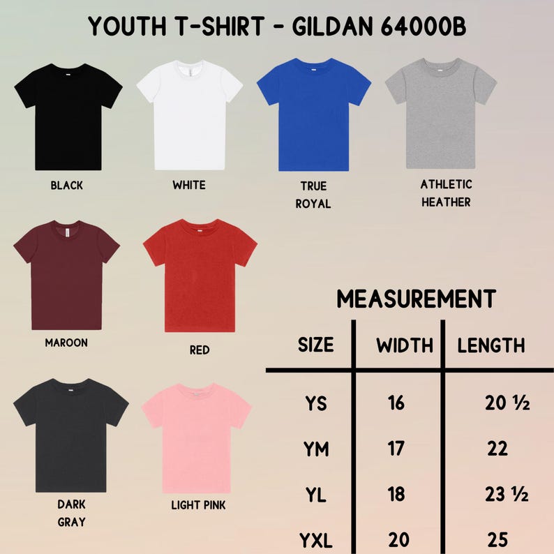 K&ouml;nnte beinhalten: Eine Auswahl an Jugend-T-Shirts in verschiedenen Farben: Schwarz, Wei&szlig;, Blau, Grau, Bordeauxrot, Rot, Dunkelgrau und Hellrosa. Ma&szlig;e sind f&uuml;r die Gr&ouml;&szlig;en YS, YM, YL und YXL angegeben, mit Breiten von 40.6 bis 50.8 cm und L&auml;ngen von 52.1 bis 63.5 cm.