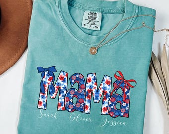 Comfort Colors® Personalized American Mama Shirt with Kids Names, Custom Mama T-Shirt, 4th of July Mama Shirt, Retro Mama Tee, Gift for Mom