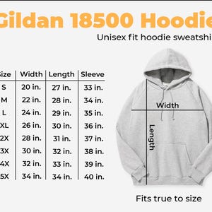 May include: A size chart for a Gildan 18500 hoodie sweatshirt. The chart shows the size, width, length, and sleeve length in inches for sizes S through 5X. The chart also includes a diagram of a hoodie with the measurements labeled.