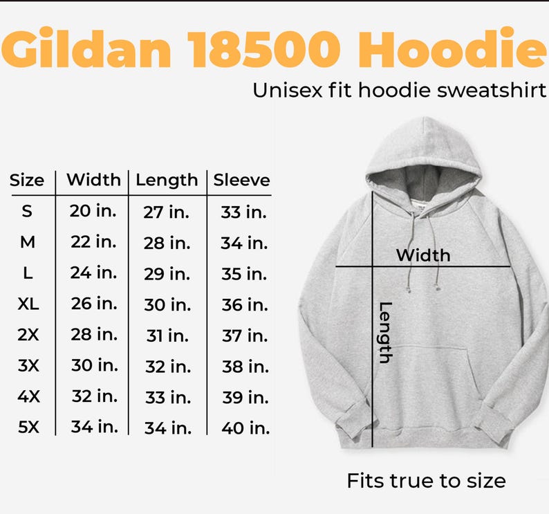 May include: A size chart for a Gildan 18500 hoodie sweatshirt. The chart shows the size, width, length, and sleeve length in inches for sizes S through 5X. The chart also includes a diagram of a hoodie with the measurements labeled.