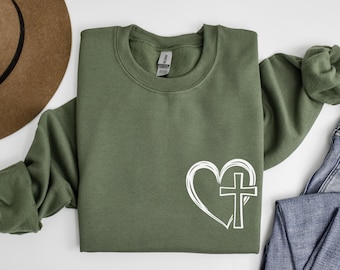 Heart Cross Pocket Sweatshirt, Christian Sweatshirts, Religious Sweatshirts, Christian Gifts, Jesus Sweater, Jesus Lover Gift, Cross Sweater