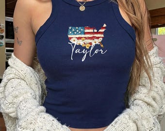Custom USA Patriotic Racer Tank Top, Floral American Flag Women Shirts, 4th of July Tank