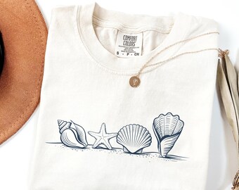 Comfort Colors® Seashell-skjorta, strand-T-shirt, kustestetisk T-shirt, sommarälskare-T-shirt, sommarskjorta, havsälskare-present, preppy strandskjorta
