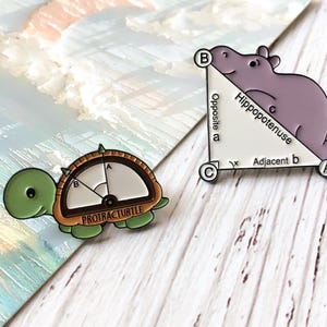 May include: Two enamel pins: a green turtle with a protractor design and the text "PROTRACTURTLE", and a purple hippo with a triangle labeled "Hippopotenuce". The pins are on a white and blue background.