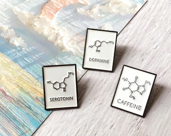 Caffeine, Serotonin, Dopamine Enamel Pin, Avogadro Constant Badge Pin, Lapel Pin, Collar Pin, STEM Enamel Pin Set, Gift for Her Him