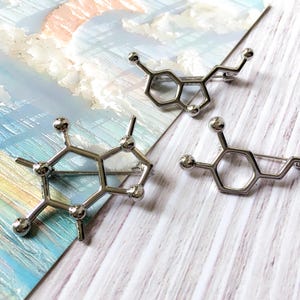 Może przedstawiać: Trzy srebrne broszki w kształcie cząsteczek chemicznych, z kulistymi akcentami. Ułożone na jasnej drewnianej powierzchni i karcie w stylu akwareli. Unikalny dodatek.