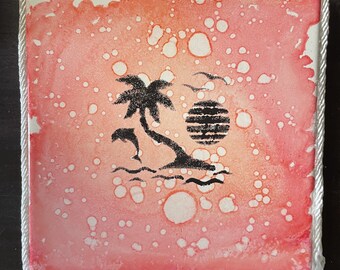 Palm trees, dolphin, beach art, tile art, wall decor