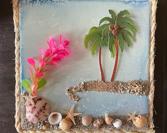 Beach art, tile art, shells, sea glass, palm trees