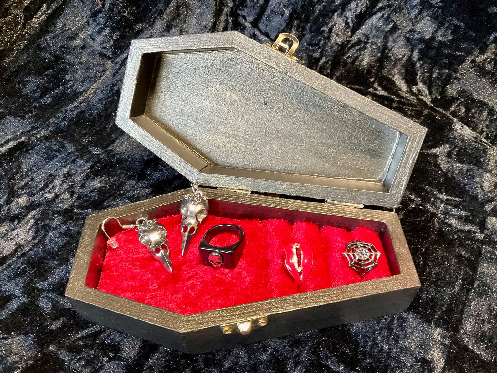 Small Deluxe Coffin Jewelry Box With Teal Flowers Etsy