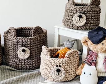 Teddy Bear Crochet Basket, Adorable Crochet Animal Basket - Perfect Nursery Decor, Teddy Decor, Natural Earth Colors, Newborn gifts