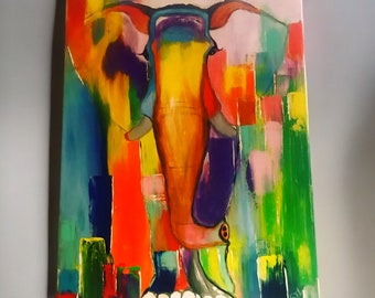 Elefanten-Acrylgemälde, 80 cm x 60 cm, handgemalte abstrakte Leinwand