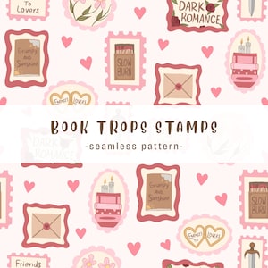 Pode incluir: Um padrão contínuo em rosa e vermelho com ilustrações de selos com frases como "Grumpy and Sunshine" e "Slow Burn". O design também inclui corações, motivos florais e o texto "BOOK TROPS STAMPS".