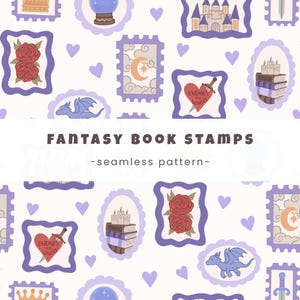 Op de afbeelding: Een naadloos patroon met fantasy boekzegels. Het ontwerp bevat zegels met rozen, een draak, een kasteel, een kristallen bol, een maan en sterren, boeken en een hart met een zwaard. De tekst "FANTASY BOOK STAMPS - seamless pattern-" is ook opgenomen.