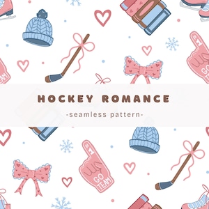 Könnte beinhalten: Nahtloses Muster auf weißem Hintergrund mit Illustrationen von Hockeyschlägern mit rosa Schleifen, blauen Strickmützen, rosa Herzen und Schaumstoffhänden mit dem Text "GO TEAM". Der Text "HOCKEY ROMANCE - seamless pattern -" ist ebenfalls vorhanden.