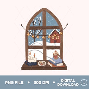 Puede incluir: Ilustración de una escena invernal acogedora. Una ventana de madera enmarca un paisaje nevado con una casa roja. En el interior, velas, una taza de chocolate caliente, libros y galletas crean un ambiente cálido y acogedor.