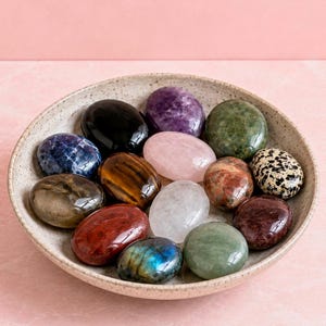 Crystal Palm Stones: Rose Quartz, Moonstone, Jasper, Carnelian, Amazonite, Ruby Zoisite, Golden Healer, Fluorite, Smoky Quartz, Indigo Gab