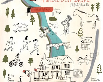 Wissahickon Valley Park Forbidden Drive Philadelphia Illustrated Map Signed Art Print