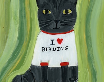 I Love Birding black cat painting
