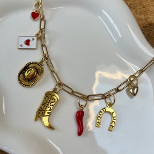 Handmade Gold Charm Necklace | Cowboy Boot, Chilli, Cherry, Hat, Heart Charms