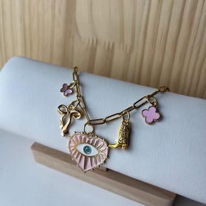 Baby Pink Heart Evil Eye Gold Charm Necklace | Cute Gold Charm Necklace | Bow Cowboy Boot Butterfly Charms | Handmade Gift Ideas for Her