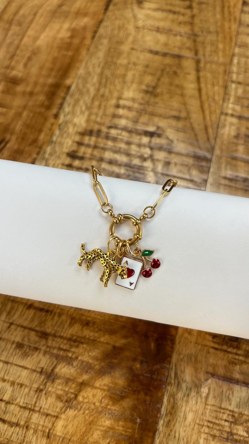 The Leopard and Cherry Gold Pendent Charm Bracelet Cherries Disco Ball