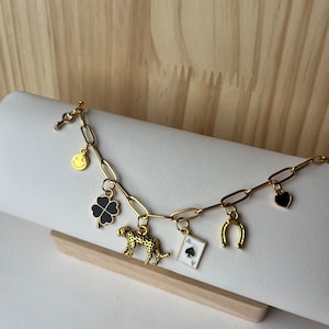 Black Leopard Clover & Card Gold Charm Necklace | Leopard Charm | Disco Jewellery | Multi Charm Necklace | Handmade Jewellery | Gold Plated