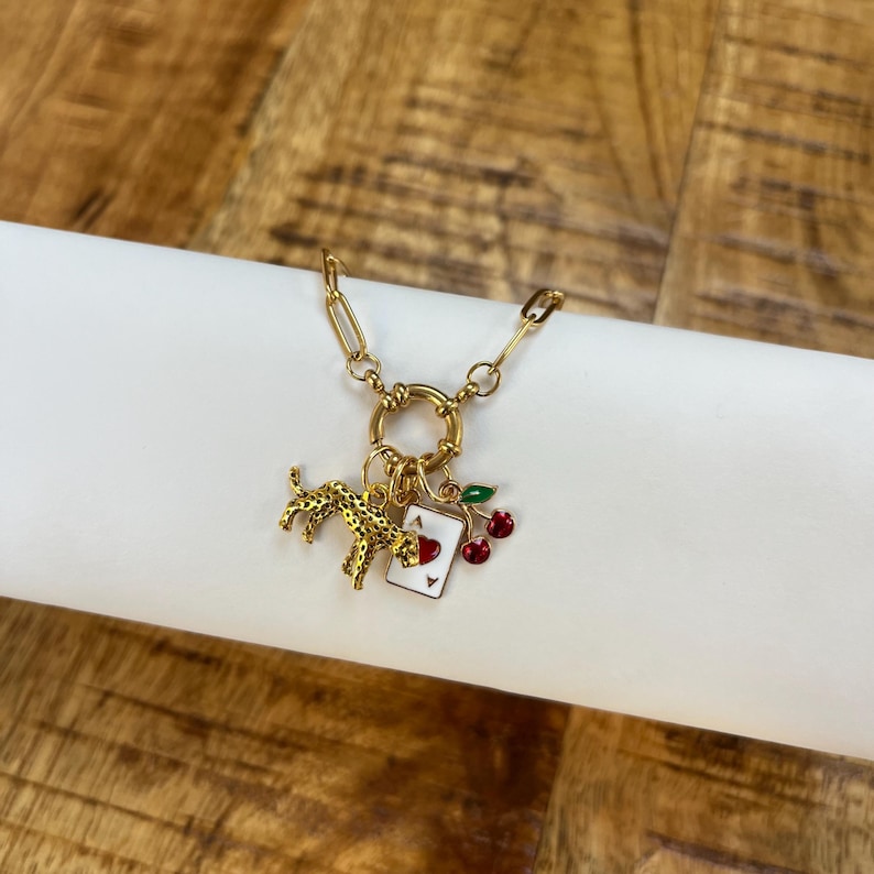 The Leopard and Cherry Gold Pendent Charm Bracelet Cherries Disco Ball