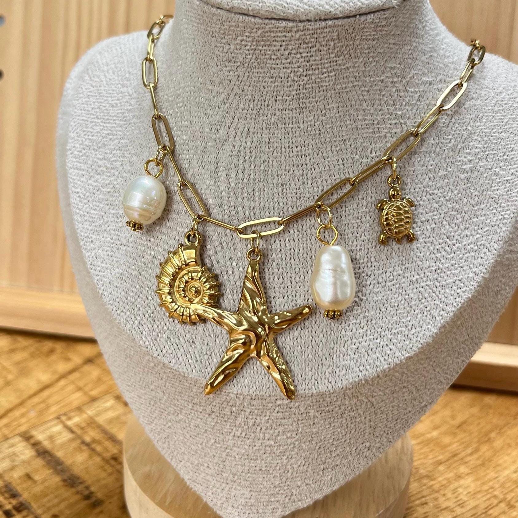 Gold Pearl Seashell Starfish Turtle Charm Necklace  display picture 3