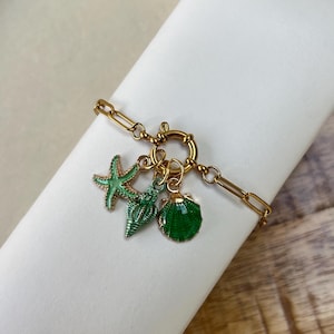 Green Seashells Starfish Gold Charm Bracelet | Handmade Summer Jewellery | Gold Charm Bracelet | Holiday Accessories | Birthday Gift