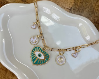 Gold Charm Necklace with Turquoise Heart Evil Eye, Moon, Stars | Handmade UK Jewelry
