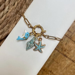 Blue Dolphin and Seashells Starfish Gold Charm Bracelet | Handmade Jewellery | Gold Charm Bracelet | Summer Jewellery | Holiday Accessories