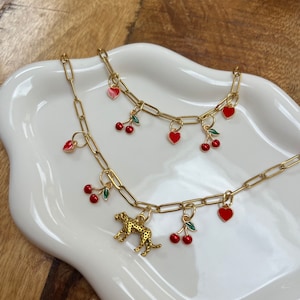 Leopard Ibiza Gold Charm Necklace and Bracelet Set - Cherries Disco Ball Cowboy Boot Gift Accessories Handmade Holiday Birthday