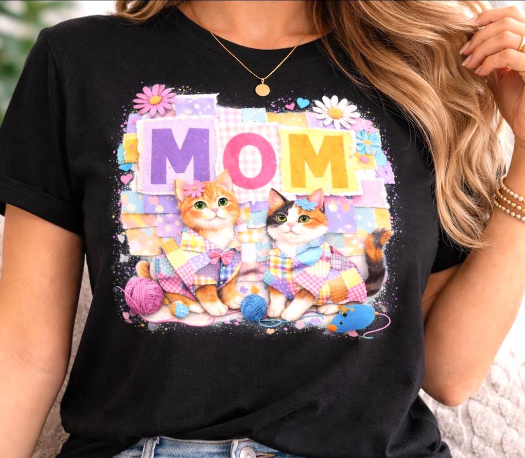 Mom Shirt PNG, Cat Lovers Colorful Plaid Cats, Floral Hearts Download ...