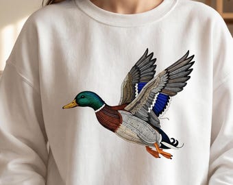 Flying Mallard Duck Art: Embroidered Style Digital Design