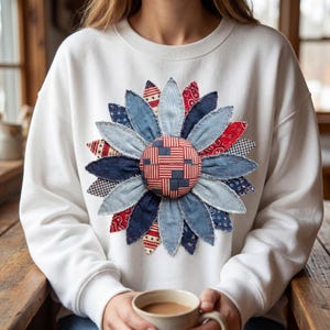 Patchwork Sunflower PNG, Americana Sublimation Digital Download, America Shabby Chic Shirt Cottagecore Design, Trendy Png