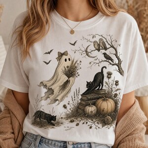 May include: A white t-shirt featuring a detailed illustration of a ghost wearing a leopard print bow and holding dried flowers, a black cat on a stack of books, a second black cat, pumpkins, owls on a tree branch, and flying bats.