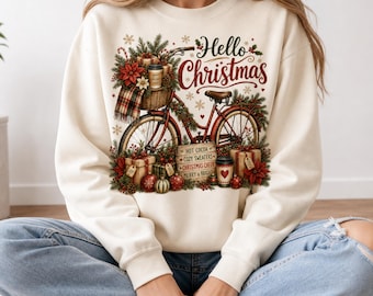 Vintage-Weihnachtsfahrrad (PNG) | Weihnachtsstern-Clipart im Cottagecore-Stil (Sofort-Download)