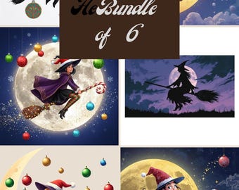 Weihnachtshexen-Clipart-Paket | Festliche Hexen auf Besen und Mond (6 PNG-Dateien)