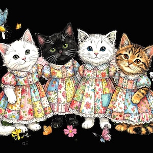 Springtime Cats PNG, Patchwork dressed sublimation, Tumbler digital download